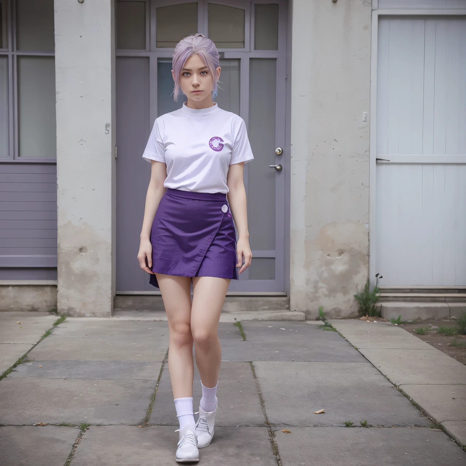 Create a female jujutsu kaisen character with light purple hair with white highlights and crystal blue eyes, wearing a short jujutsu shirt and short skirt with white socks and small heels.