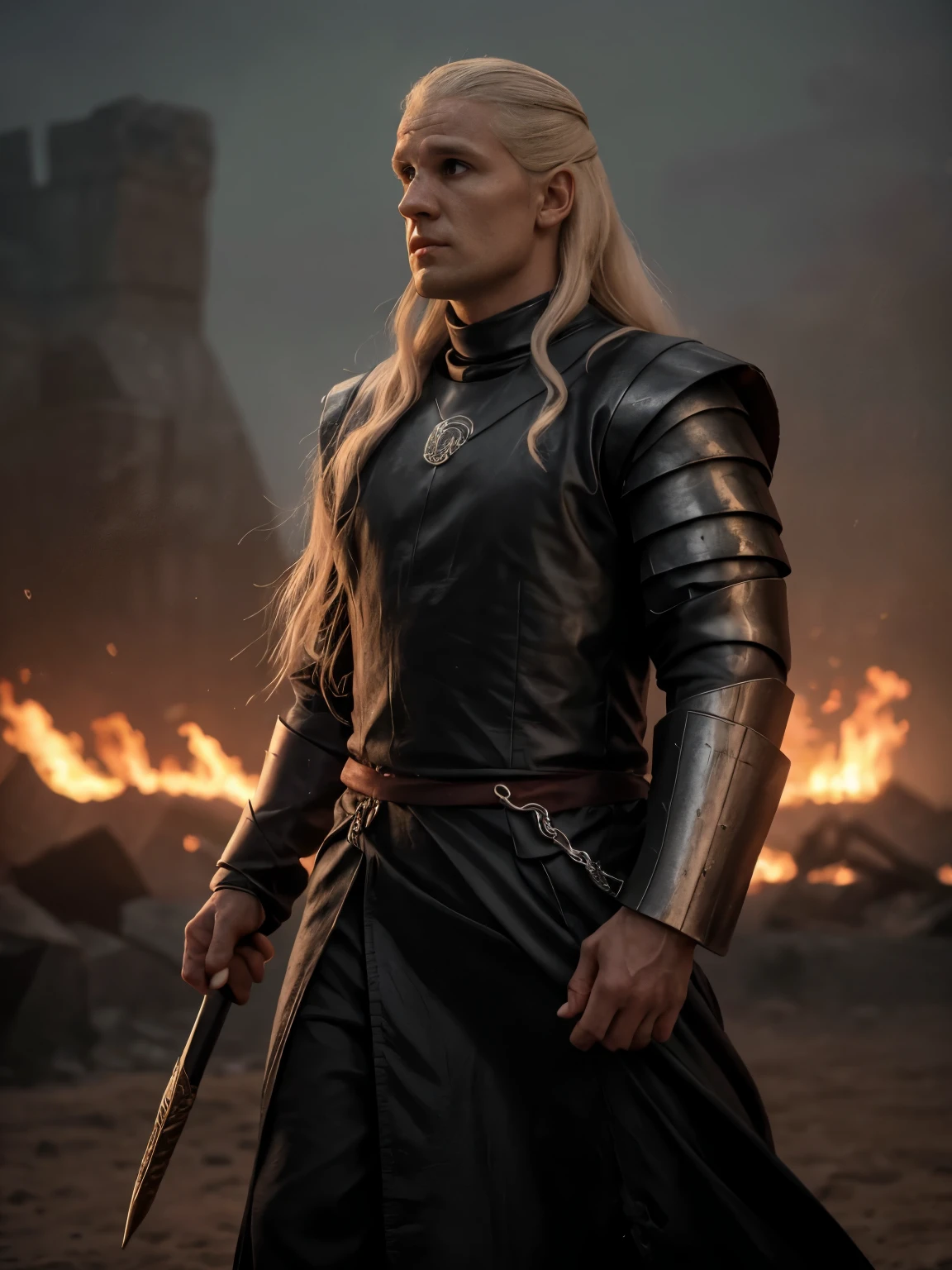 Cinematic portrait of Daemon Targaryen in imposing pose, long silver hair, wavy, violet eyes, penetrating, masculine, tall, broad shoulders, imposing build, pale skin, wearing a red dagon armor with the symbol of the house Targaryen, confident, ambitious, relentless.  Detailed, good quality, masterpiece, cinematic lighting. Flames in background. 