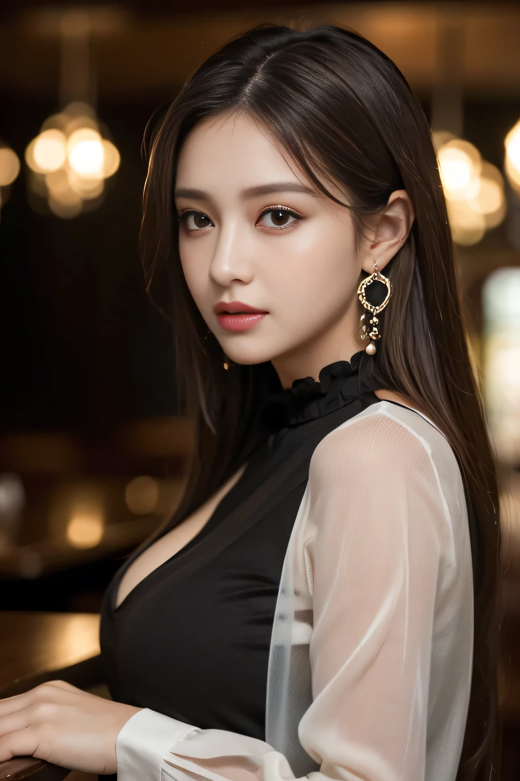 masterpiece, highest quality, Realistic, Very detailed, Finer details, High resolution, 8k wallpaper, One beautiful woman, Wear a black see-through shirt, In a great restaurant, At night, Light brown messy hair, Perfect dynamic composition, Beautiful and beautiful eyes、Big earrings