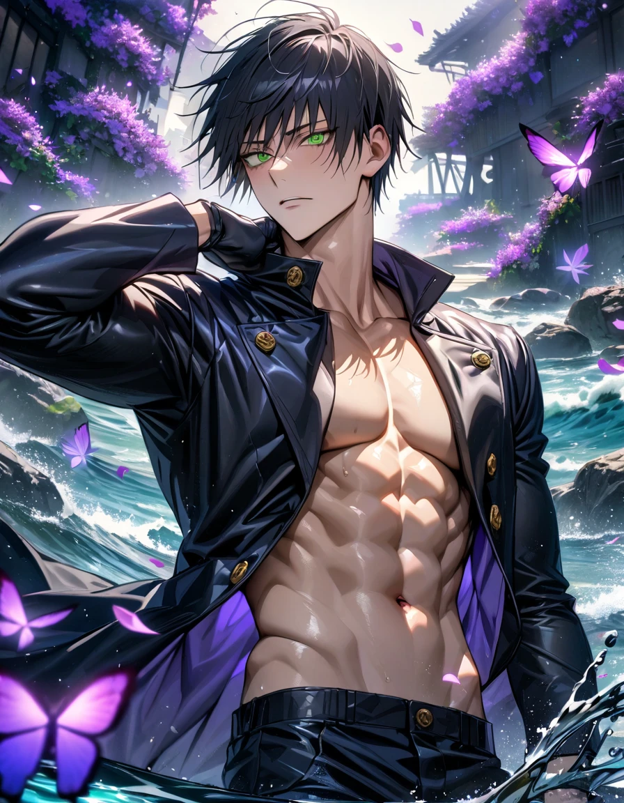 absurdres, highres, ultra detailed, HDR, master piece, best quality, Fushiguro Touji, straight black hair, expressive green eyes, Jujutsu Kaisen, black leather coat, black gloves, solo, sexy man, handsome, toned chest, water, purple butterflies, purple flowers, petals