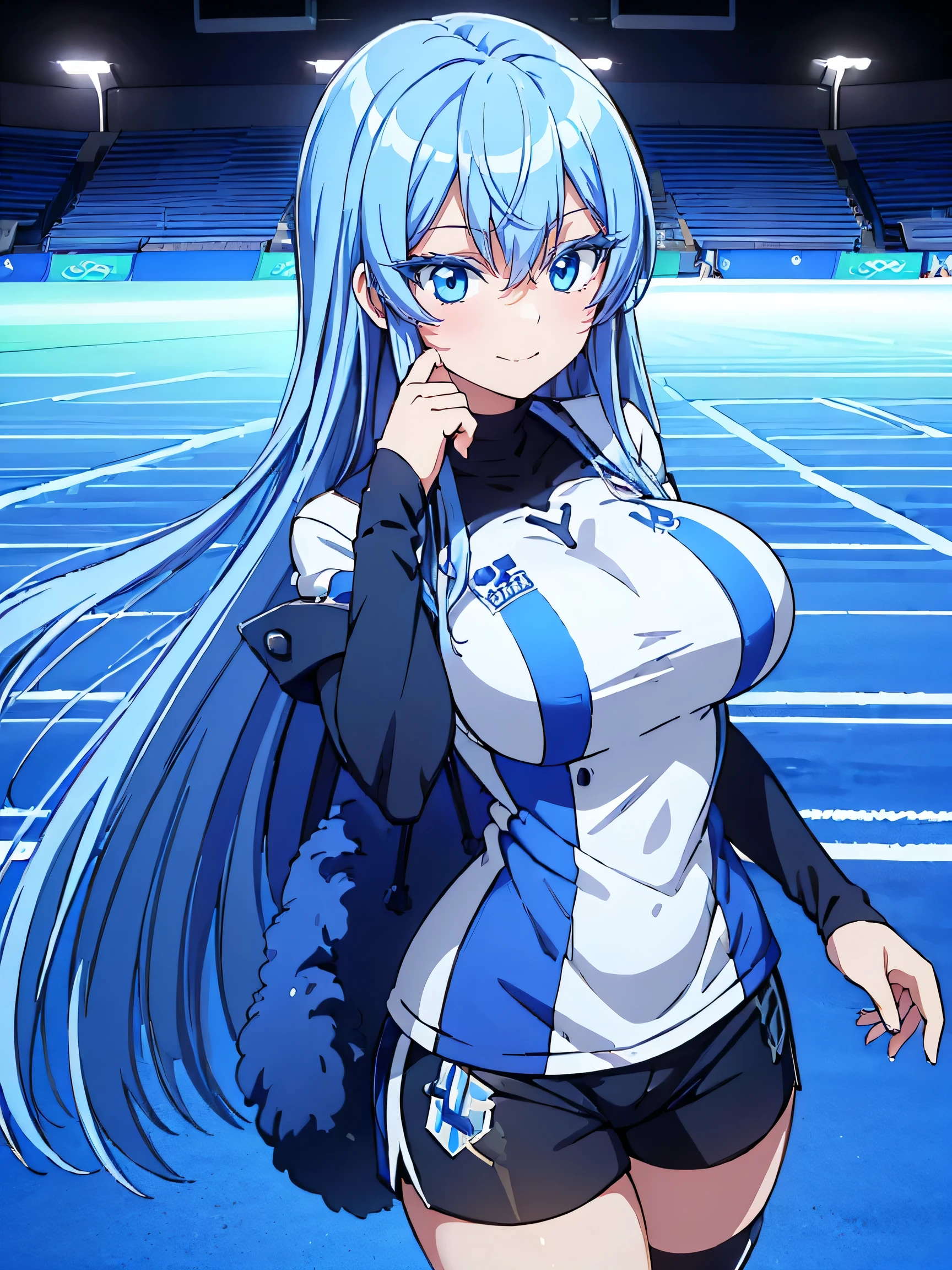 (work of art, best quality) a girl with long blue hair, blue eyes, blue eyelashes, Argentina sports shirt, shorts, big breasts, smiling evilly, on a soccer field, in a state, pretty face, beautiful eyes, perfect body, 4k hd