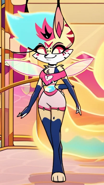 Queen bee, Helluva boss, standing, full body, :3, sassy face, anime style, medium breasts, detailed body fur, detailed body, detailed face, detailed eyes, glistering body, shiny body, skinny, high quality, masterpiece, paws whit three toes, skinny, sassy face, city, clear sky, Queen bee clothes, 4 arms, bee wings, sexy,