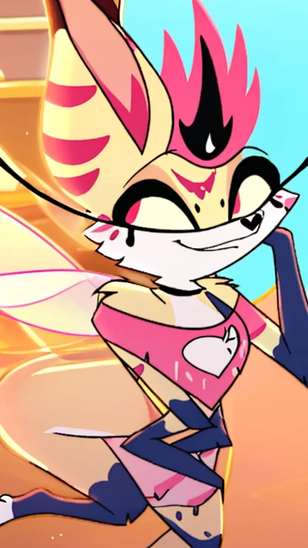 Queen bee, Helluva boss, standing, full body, :3, sassy face, anime style, medium breasts, detailed body fur, detailed body, detailed face, detailed eyes, glistering body, shiny body, skinny, high quality, masterpiece, paws whit three toes, skinny, sassy face, city, clear sky, Queen bee clothes, 4 arms, bee wings, sexy,