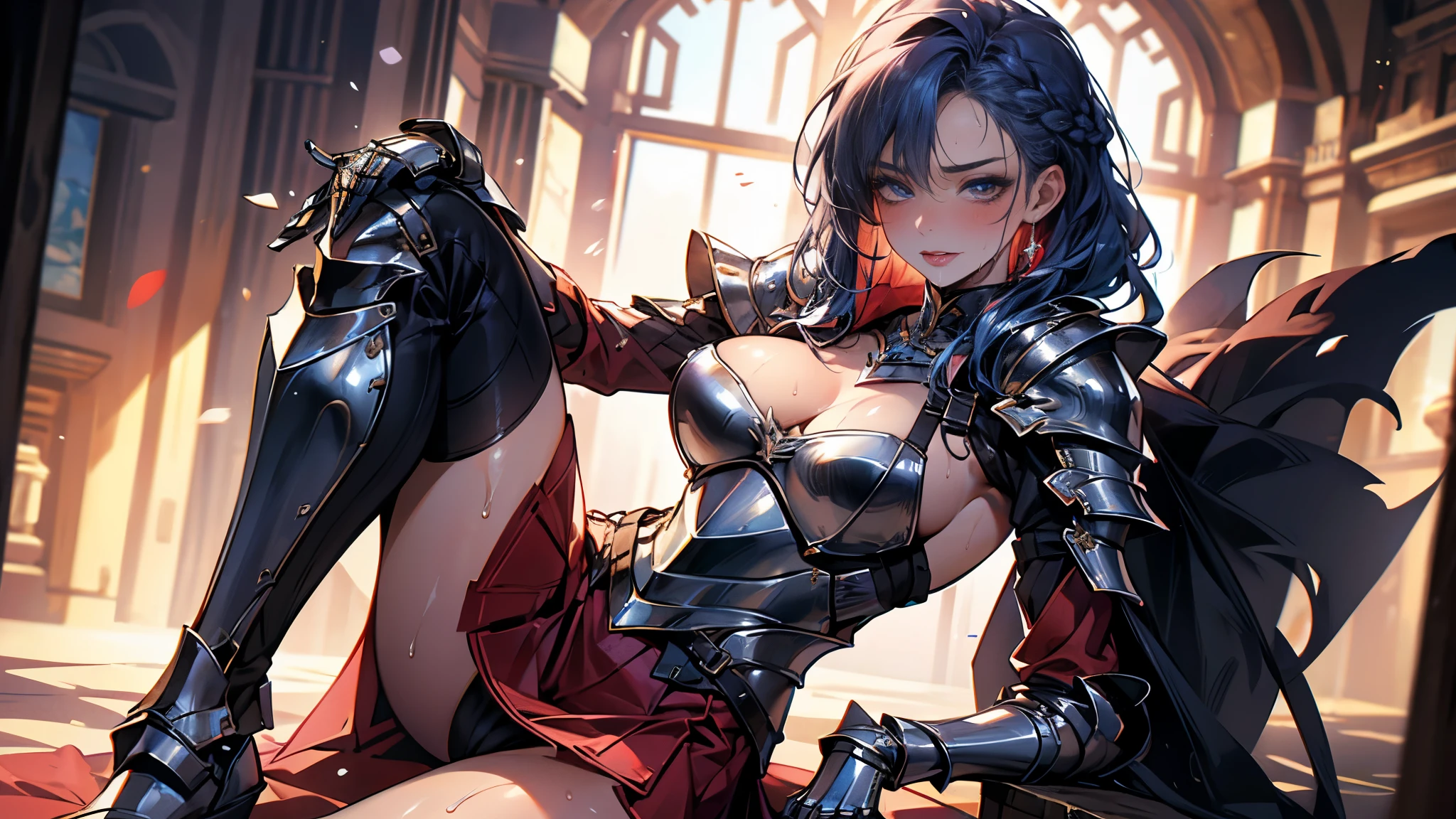 ((Best quality, 8K, Masterpiece: 1.3, 1girl, solo, Beautiful girl)), cute, Dynamism, Detailed face, Detailed skin, detailed clothes, Detailed eyes, Detailed lips, Detailed tongue, Detailed fingers, Detailed mouth, Photorealistic, Raw photo, highres, Natural lighting, dynamic pose, perfect anatomy, toned legs, double eyelids, tear bags, round eyes, moist lips, sweaty, ecstatic face, ((armor knight, red armor)), sideboob, skirt, half closed eyes, steam:1.5, sheer, wet clothes, sky, rainbow hair, blue hair, braided hair, long hair, looking at viewer, drooling, wet body, detached sleeves, erect nipples:0.5, see through, sitting with spreading legs, peeing, blush, cowboy shot, nsfw
