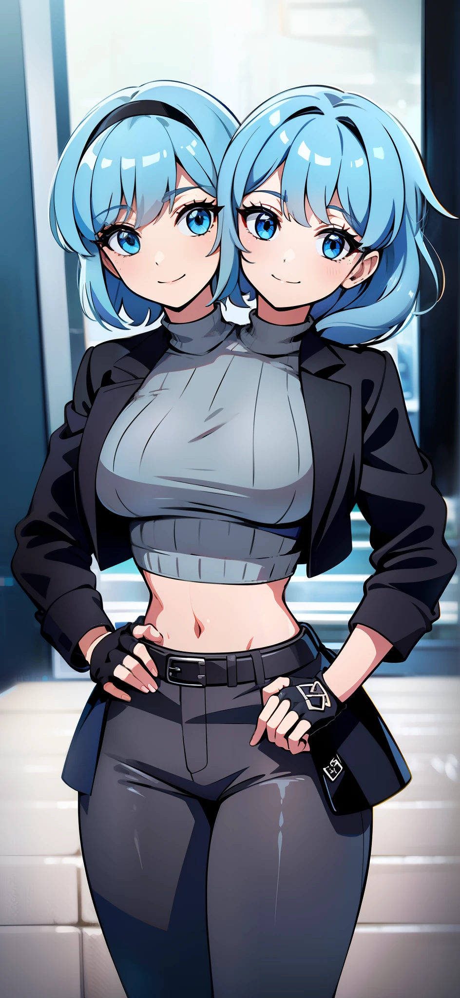 best quality, (masterpiece),(ultra-detailed), (high quality), (high resolution), ((2heads:1.5)), best quality:1.5, highres, UHD, 16K), smiling, highres, masterpiece, ((light blue hair)), ponytail, long hair, hair band, blue eyes, ((cinematic particles)), grey pants, (black fingerless gloves), cowboy shot, ((black jacket over a gray crop top)), exposed midrrif 