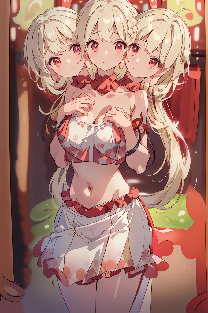 (masterpiece, best quality), best quality, (ultra-detailed), (3heads:1.5), 1girl, (eika ebisu:1.3), masterpiece, best quality, ultra quality, ultra resolution, ultra detail, white top, crop top, ((stomach)), midriff, ((groin)), white skirt, normal ears, shackles, light yellow hair, very long hair, wavy hair, sidelocks, red eyes, parted lips, sweat, cute, toned belly, hand on own chest, eyelashes, (23 year old woman:1.3), (masterpiece:1.5), (best quality:1.5), (beautiful detailed, extremely detailed CG, extremely delicate and beautiful, depth of field, (finely detailed face), (perfect details:1.3), (mature female:1.3), wide pelvis, slender, large veiny breast, 16k resolution, highres, high quality, high definition, extremely detailed, masterpiece, blonde hair, long hair, alluring presence, braid, short skirt, close up, big tits, young, hair visually resemble a jellyfish, red polka dots near the hems, red frills, and thin red tassels trailing off, cowboy shot,