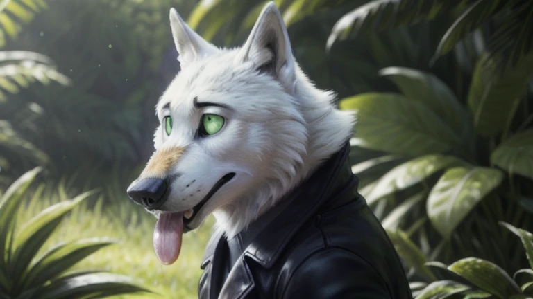 cute cartoon of a (gary \(zootopia\)) wearing a (leather jacket), solo, wolf, white fur, tongue out, completely glowing green eyes with no irises or pupils, walking on all fours, BREAK, jungle background, (intricate, high detail, film photography, soft focus, RAW candid cinema, photorealism, realistic, photorealistic, analog style, subsurface scattering, masterpiece, best quality, ultra realistic, 8k), profile picture