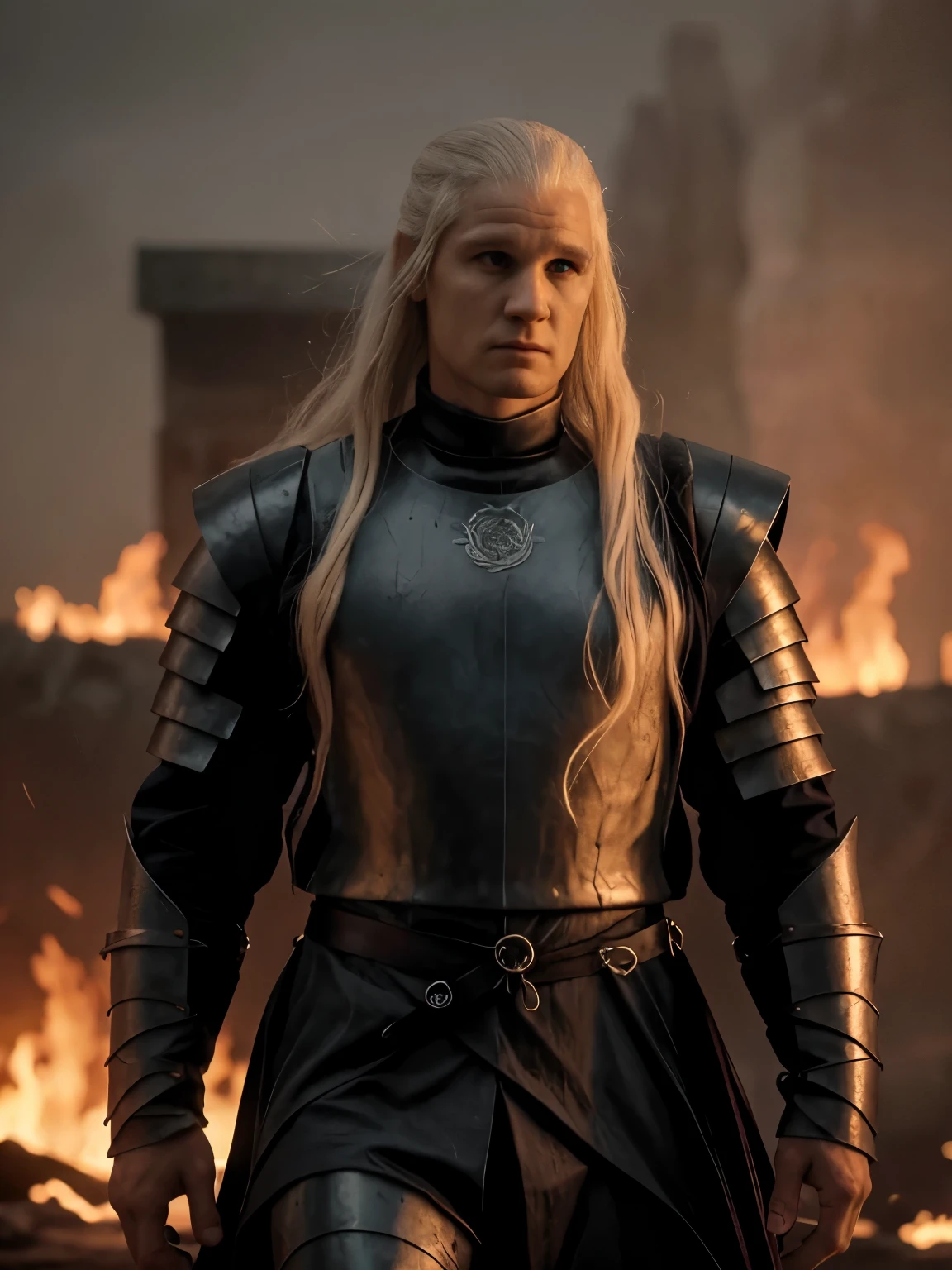 Cinematic portrait of Daemon Targaryen in imposing pose, long silver hair, wavy, violet eyes, penetrating, masculine, tall, broad shoulders, imposing build, pale skin, wearing a red dagon armor with the symbol of the house Targaryen, confident, ambitious, relentless.  Detailed, good quality, masterpiece, cinematic lighting. Flames in background. 