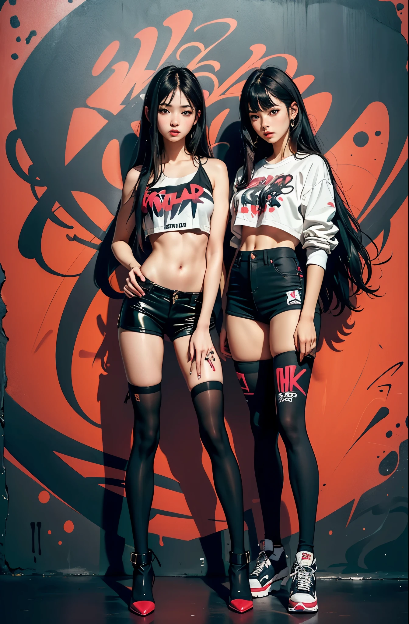 ((masterpiece, high quality, best quality, 8k, wallpaper, detailed, realistic)), 2girls, korean popstar, thighhighs, high heels, long legs, black hair, pretty hands, fringe, full body, (multiple girls:1.4), simple red background, palm trees,  (graffiti wall:1.2), muscular, strong, courageous