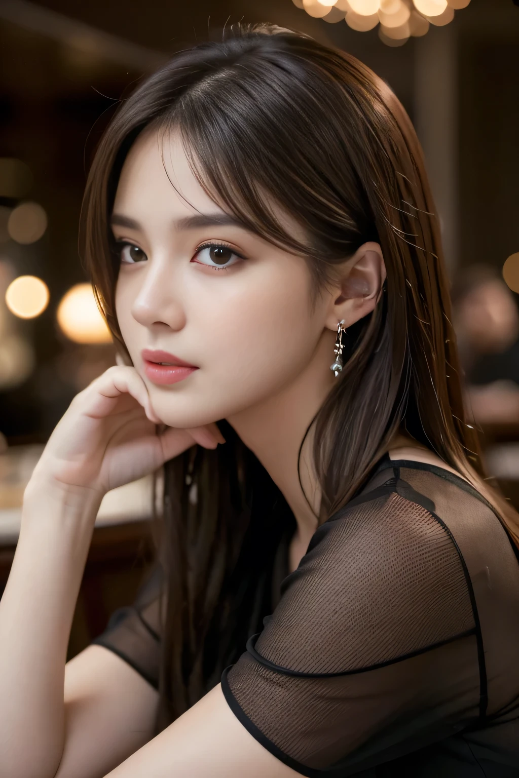 masterpiece, highest quality, Realistic, Very detailed, Finer details, High resolution, 8k wallpaper, One beautiful woman, Wear a black see-through shirt, In a great restaurant, At night, Light brown messy hair, Perfect dynamic composition, Beautiful and beautiful eyes、Big earrings