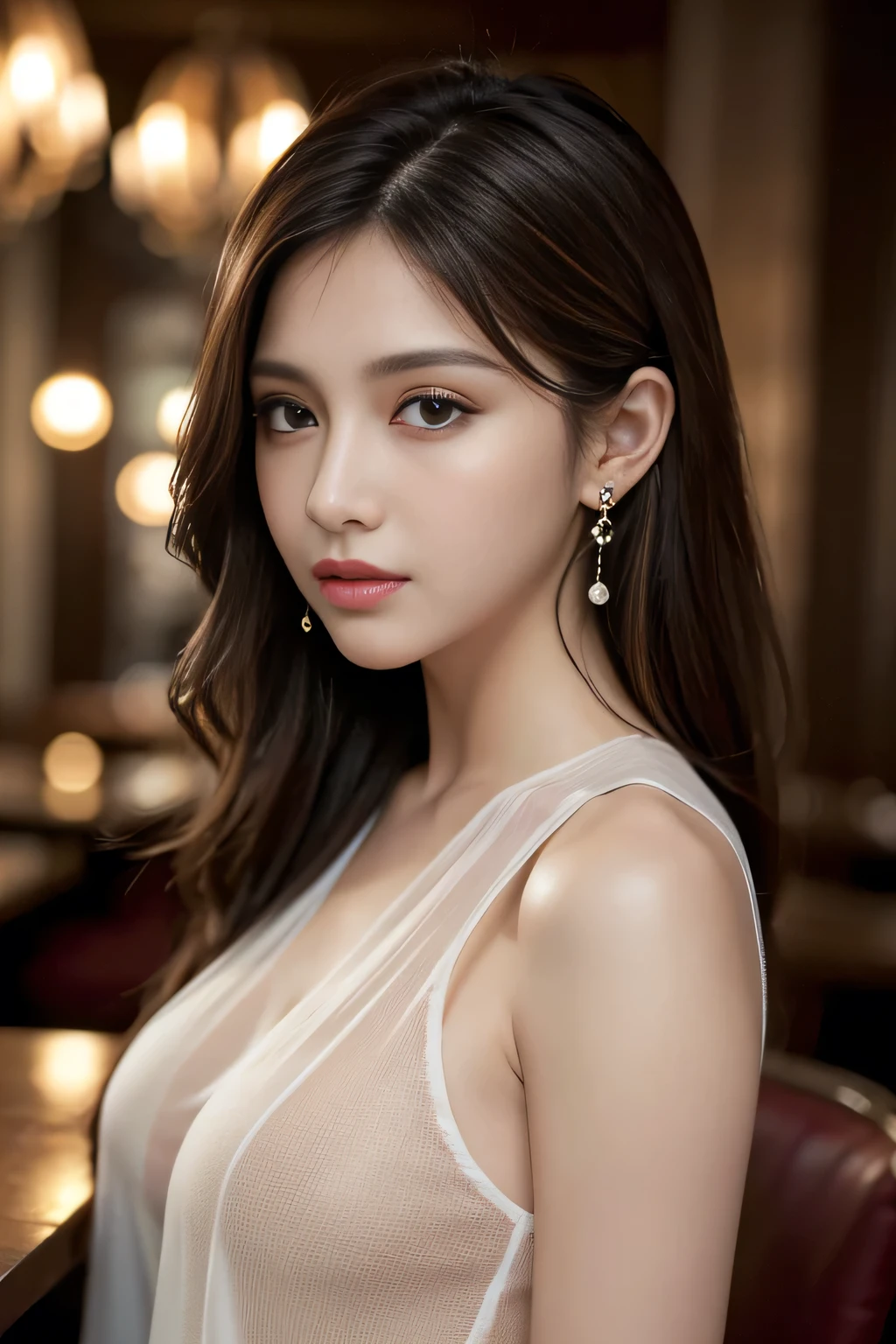 masterpiece, highest quality, Realistic, Very detailed, Finer details, High resolution, 8k wallpaper, One beautiful woman, Wear a black see-through shirt, In a great restaurant, At night, Light brown messy hair, Perfect dynamic composition, Beautiful and beautiful eyes、Big earrings
