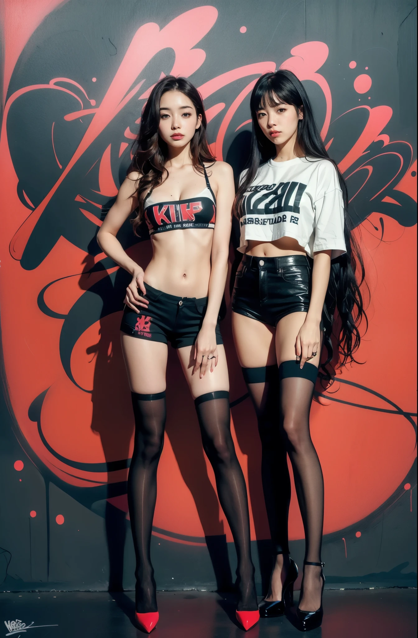 ((masterpiece, high quality, best quality, 8k, wallpaper, detailed, realistic)), 2girls, korean popstar, thighhighs, high heels, long legs, black hair, pretty hands, fringe, full body, (multiple girls:1.4), simple red background, palm trees,  (graffiti wall:1.2), muscular, strong, courageous 