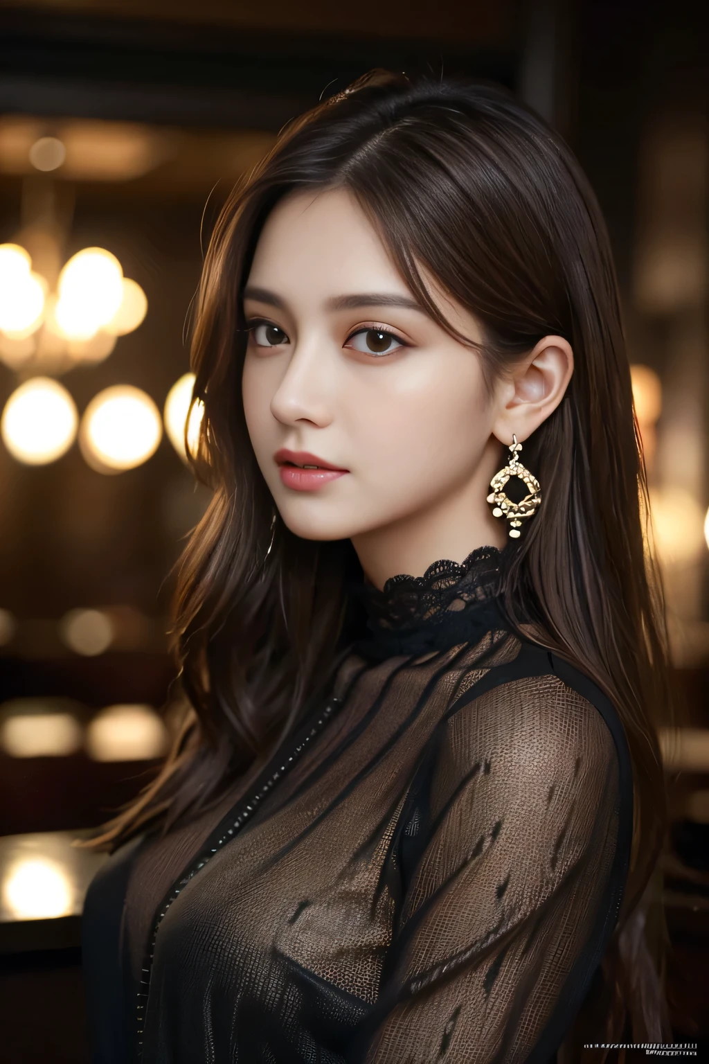 masterpiece, highest quality, Realistic, Very detailed, Finer details, High resolution, 8k wallpaper, One beautiful woman, Wear a black see-through shirt, In a great restaurant, At night, Light brown messy hair, Perfect dynamic composition, Beautiful and beautiful eyes、Big earrings