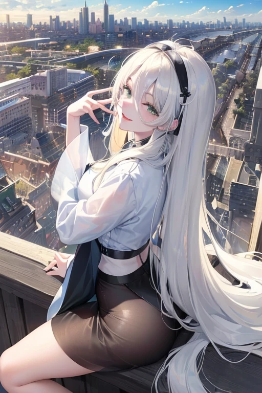Official Art, masterpiece, Clear focus, (beautiful, Beautiful and cute Korean woman:1.3), (Beautiful and cute Korean:1.3), Korean beauty, 精致beautiful头发、Eyes and face, actual, Super detailed, beautiful女孩, Blue sky, Glowing white particles, (Side Light:1.2), Sunlight, White Cloud, Detailed clouds, Slim, Such a cute big ass, Smile with teeth bared, ((Smile with your eyes, Open your eyes)), landscape, Long straight hair, sexy facial expression, architecture, (city View:1.7), Dynamic Hair, very Long straight hair, Delicate platinum-blonde hair, Green Eyes, Black skirt, , Pale skin, Hair accessories, epic landscape,,White high heels,Nice ass,beautiful buttocks,There's nothing under the skirt.,weight loss
