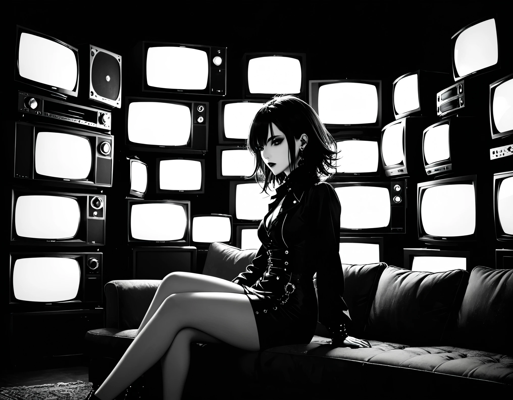 in style of Takeshi Obata,in style of Lillian Bassman,in style of Nick Veasey,(Anime style artist by Jaehyo Lee:1.1),studio lighting,1girl,(future goth-punk costume:1.4),(a lot of tvs are stacked on top of each other to form the background:1.5),cowboy_shot,medium_shot,(sitting on the sofa:1.3),(front view:1.2),backlight,arm_support,leaning_on_sofa,screen syncing,