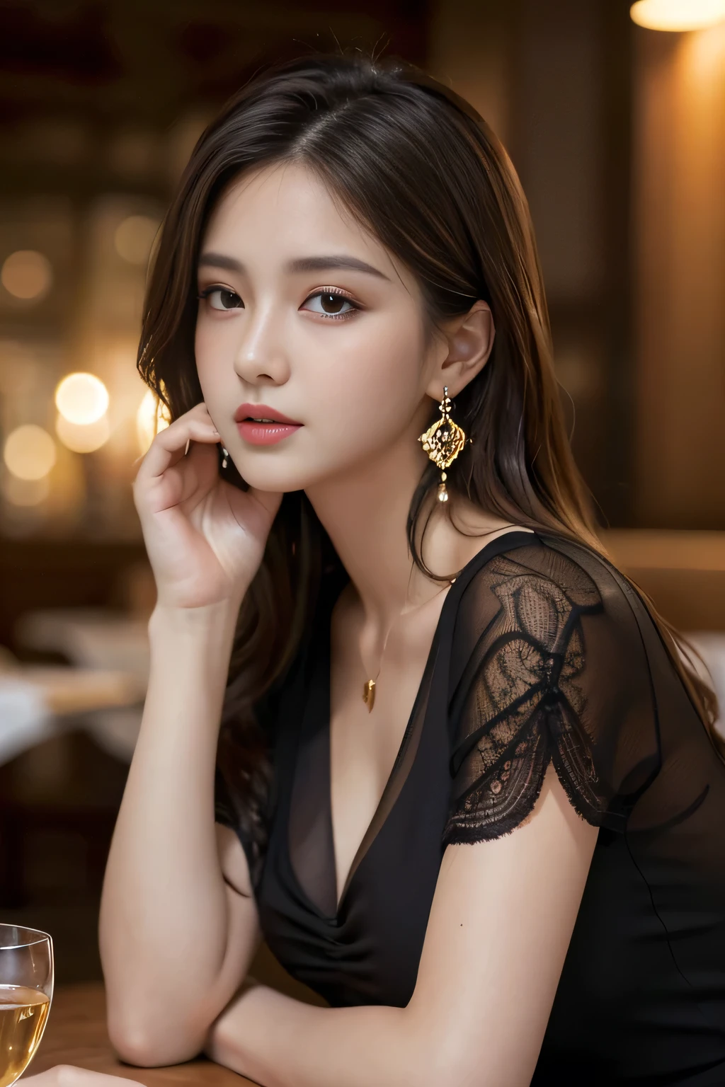 masterpiece, highest quality, Realistic, Very detailed, Finer details, High resolution, 8k wallpaper, One beautiful woman, Wear a black see-through shirt, In a great restaurant, At night, Light brown messy hair, Perfect dynamic composition, Beautiful and beautiful eyes、Big earrings