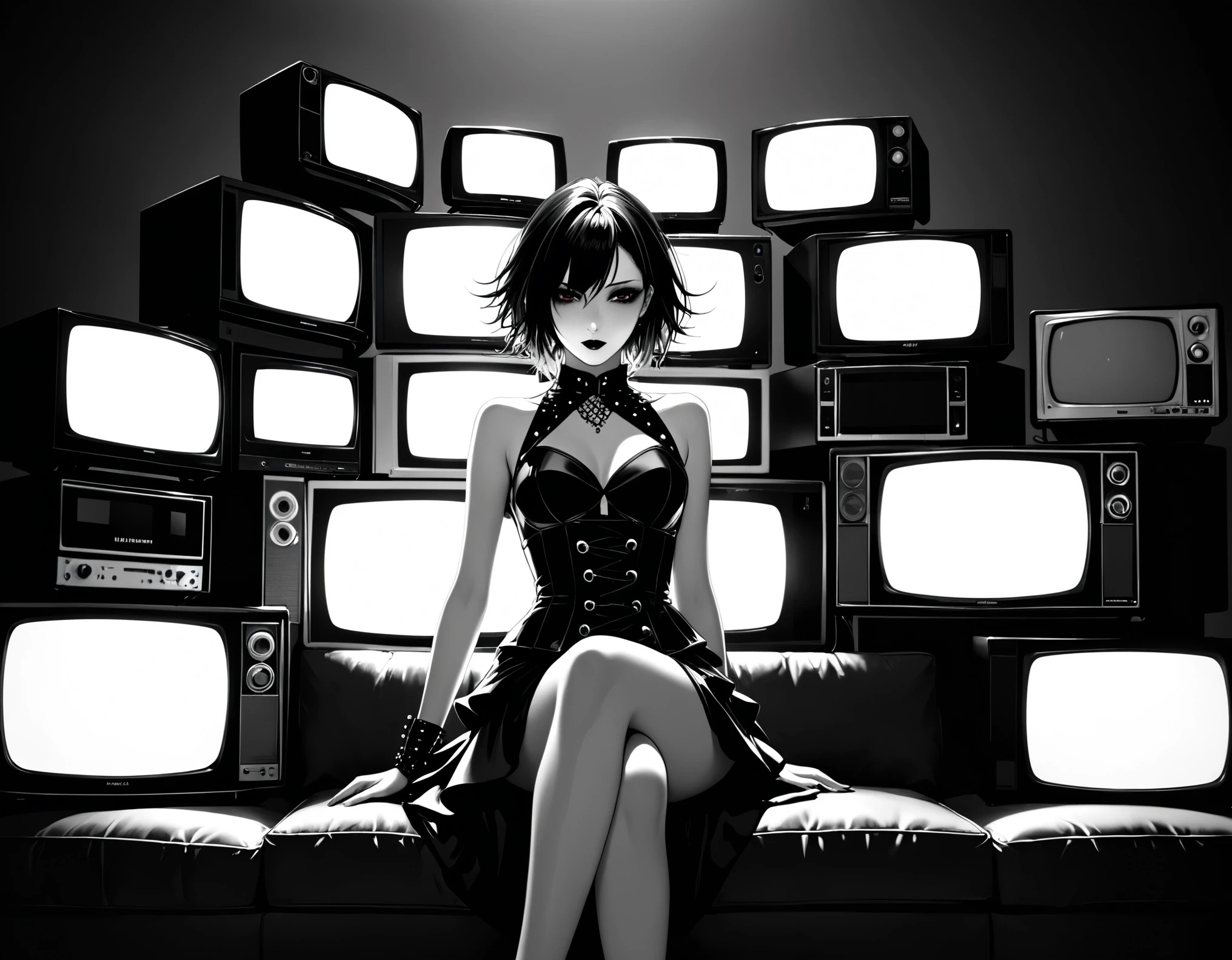 in style of Takeshi Obata,in style of Lillian Bassman,in style of Nick Veasey,(Anime style artist by Jaehyo Lee:1.1),studio lighting,1girl,(future goth-punk costume:1.4),(a lot of tvs are stacked on top of each other to form the background:1.5),cowboy_shot,medium_shot,(sitting on the sofa:1.3),(front view:1.2),backlight,arm_support,leaning_on_sofa,screen syncing,