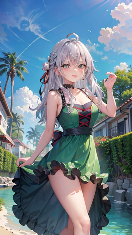 obra maestra，High quality CG illustration，Cinematic lighting effects.，Detalles faciales ultra detallados，ojos detallados，La mejor calidad en el mejor de los casos，Trabajo de nivel de obra maestra，Alyssa Kuru，1 chica，Bikini mariposa，Pelo largo y blanco，eOjos azules，Enfoque individual，desprecia a un espectador，Chapotea junto o en el mar。