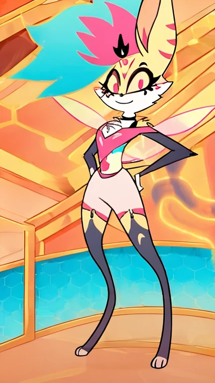 Queen bee, Helluva boss, standing, full body, :3, sassy face, anime style, medium breasts, detailed body fur, detailed body, detailed face, detailed eyes, glistering body, shiny body, skinny, high quality, masterpiece, paws whit three toes, skinny, sassy face, city, clear sky, Queen bee clothes, 4 arms, bee wings, sexy,