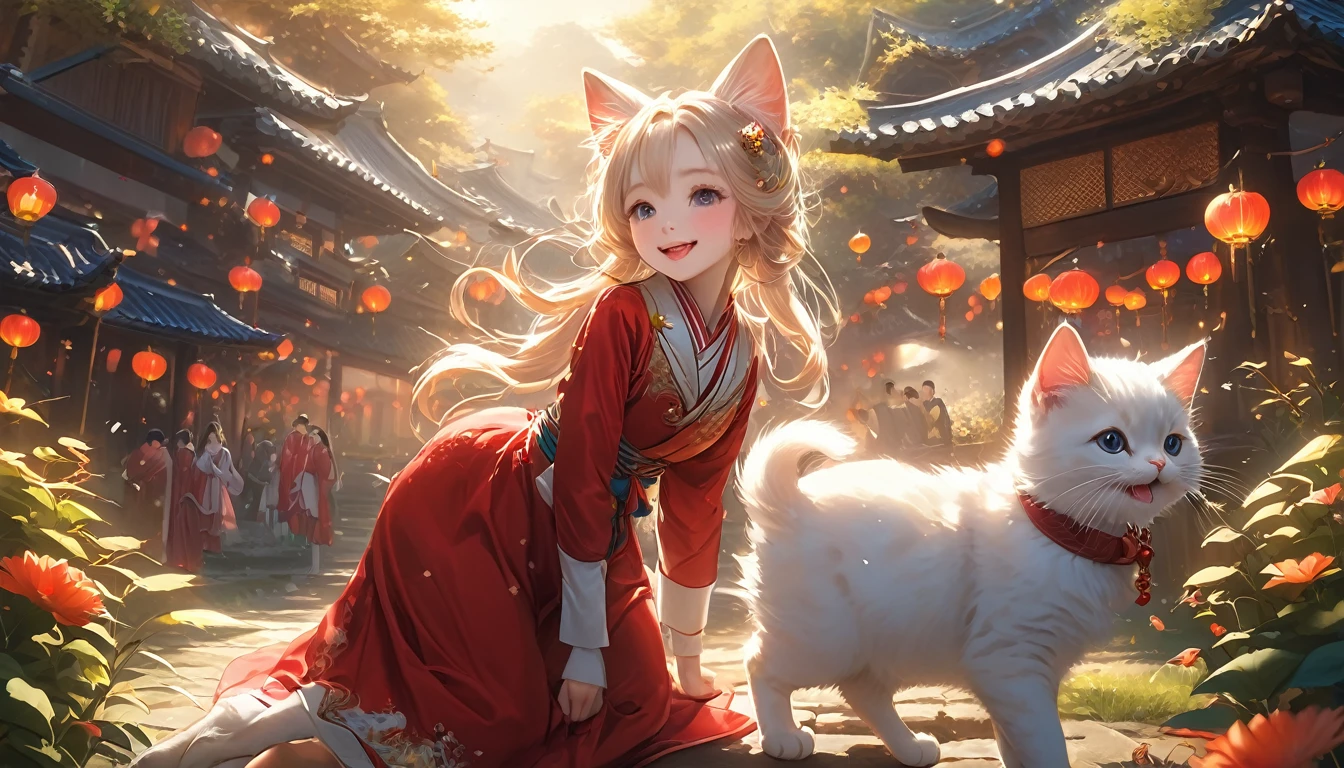 (panoramic, center, masterpiece, best quality: 1.2), (8K, original photo, best quality), ((masterpiece:1.2)), realistic, Ultra-high resolution, High contrast, Light子映射, Vibrant colors, real, Extremely detailed, Very detailed, original photo, real, Official Art, RAW photos, Professional Lighting, Light, professional writing, twiceLight, Lively atmosphere, HD CG, Unified 8K), 中央の一人の少女teeth、and a white kitten、穏やかな表情でPeople around々Showing kindness、その手teeth星空に向かって広がり、It symbolizes the expansion of the mind.。People around々return、We treat each other with kindness and gratitude.、The whole atmosphere is very warm。この絵画teeth、sky常生活の中で他者への思いやりと心の広がりを感じながら、It describes how people should behave in a polite and gentle manner.。背景にteeth広がる宇宙と星空があり、The people are below.。sky常の丁寧な行動が描かれた左側のシーンteeth、sky々Shows the importance of kindness and courtesy in life。Background space and stars々teeth、sky常の小さな行動が宇宙の壮大さと繋がっていることを強調し、It gives you a sense of abundance and inner peace。この絵画teeth、Be kind and open-minded、自分自身とPeople around々に調和と平和をもたらす一skyを表現しています。