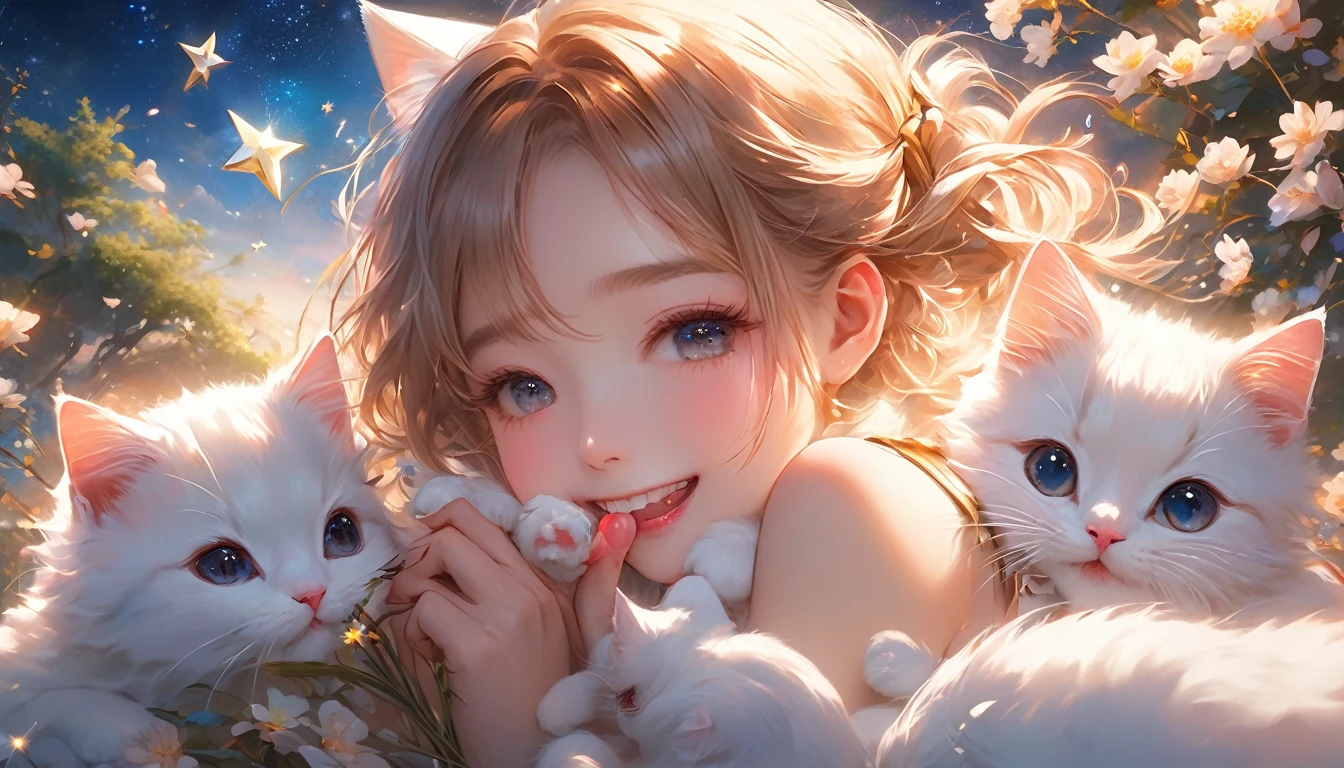 (panoramic, center, masterpiece, best quality: 1.2), (8K, original photo, best quality), ((masterpiece:1.2)), realistic, Ultra-high resolution, High contrast, Light子映射, Vibrant colors, real, Extremely detailed, Very detailed, original photo, real, Official Art, RAW photos, Professional Lighting, Light, professional writing, twiceLight, Lively atmosphere, HD CG, Unified 8K), 中央の一人の少女teeth、and a white kitten、穏やかな表情でPeople around々Showing kindness、その手teeth星空に向かって広がり、It symbolizes the expansion of the mind.。People around々return、We treat each other with kindness and gratitude.、The whole atmosphere is very warm。この絵画teeth、sky常生活の中で他者への思いやりと心の広がりを感じながら、It describes how people should behave in a polite and gentle manner.。背景にteeth広がる宇宙と星空があり、The people are below.。sky常の丁寧な行動が描かれた左側のシーンteeth、sky々Shows the importance of kindness and courtesy in life。Background space and stars々teeth、sky常の小さな行動が宇宙の壮大さと繋がっていることを強調し、It gives you a sense of abundance and inner peace。この絵画teeth、Be kind and open-minded、自分自身とPeople around々に調和と平和をもたらす一skyを表現しています。