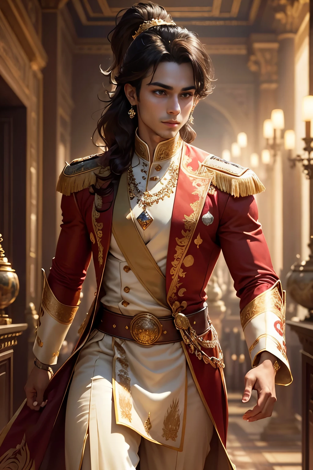 young prince in a palace, luxury royal palace, volumetric lighting, 8k resolution, photorealistic, ultra-high quality, opulent detailed background, medium length dark brown hair, messy ponytail, wearing a fancy royal indian clothes, having fun, running