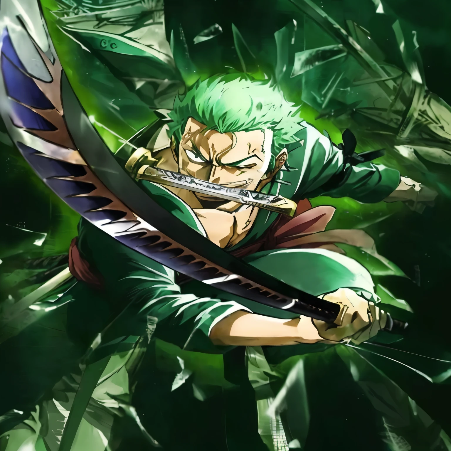 a close up of a person holding a sword in a green background, roronoa zoro, from one piece, one piece artstyle, anime masterpiece, official art, official anime artwork, today's featured anime still, anime key art, key anime art, anime wallaper, high detailed official artwork, anime epic artwork, profile pic, hq artwork