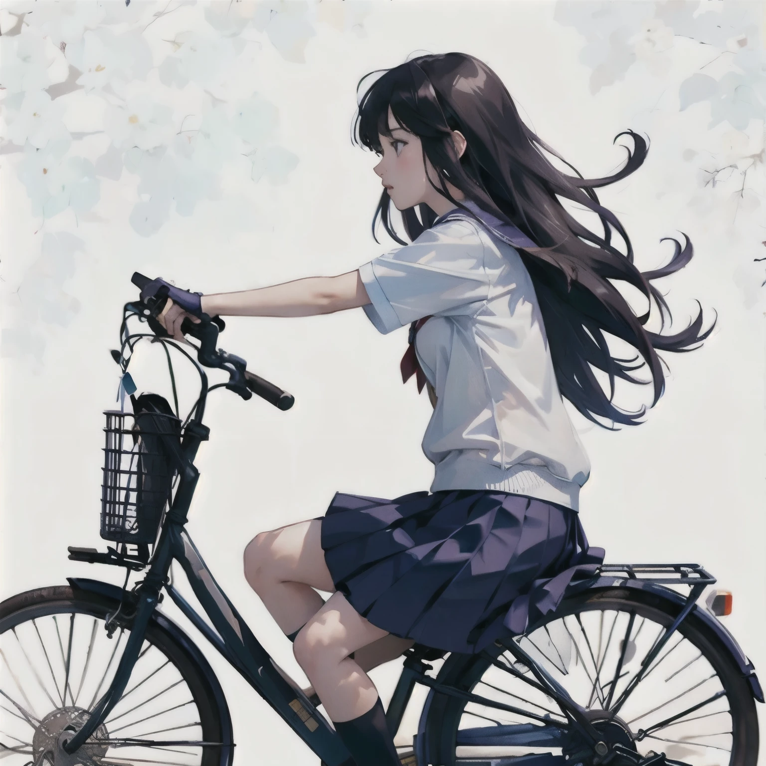 (masterpiece, highest quality:1.2), One girl riding a bicycle, alone、high school girl、uniform、From the side、left side、Blank background、White background、Watercolor style、