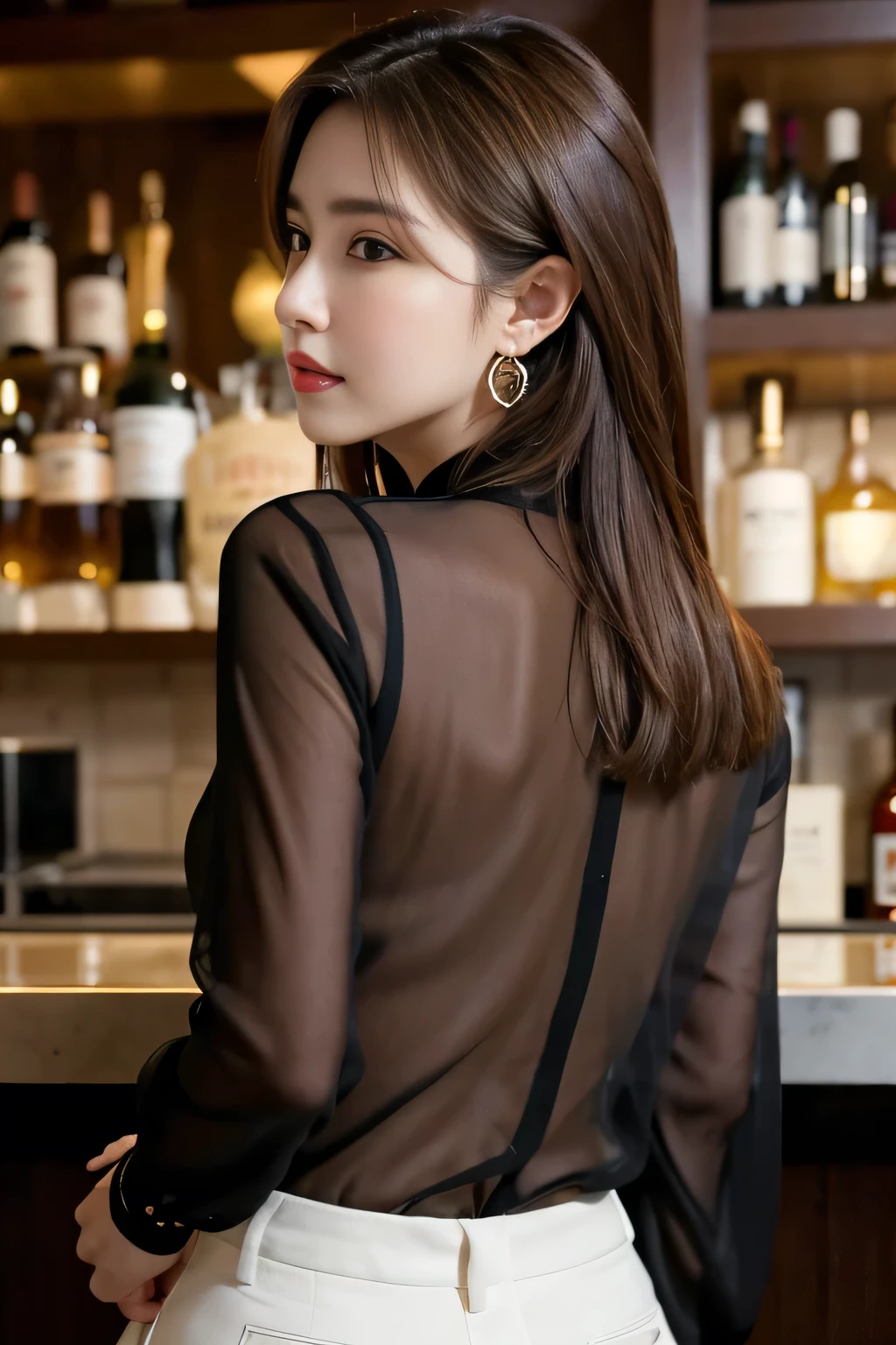 masterpiece, highest quality, Realistic, Very detailed, Finer details, High resolution, 8k wallpaper, One beautiful woman, Wear a black see-through shirt, Great bar counter, At night, Light brown messy hair, Perfect dynamic composition, Beautiful and beautiful eyes、Big earrings、Back view