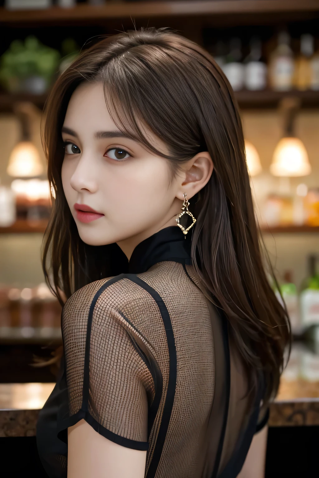 masterpiece, highest quality, Realistic, Very detailed, Finer details, High resolution, 8k wallpaper, One beautiful woman, Wear a black see-through shirt, Great bar counter, At night, Light brown messy hair, Perfect dynamic composition, Beautiful and beautiful eyes、Big earrings、Back view