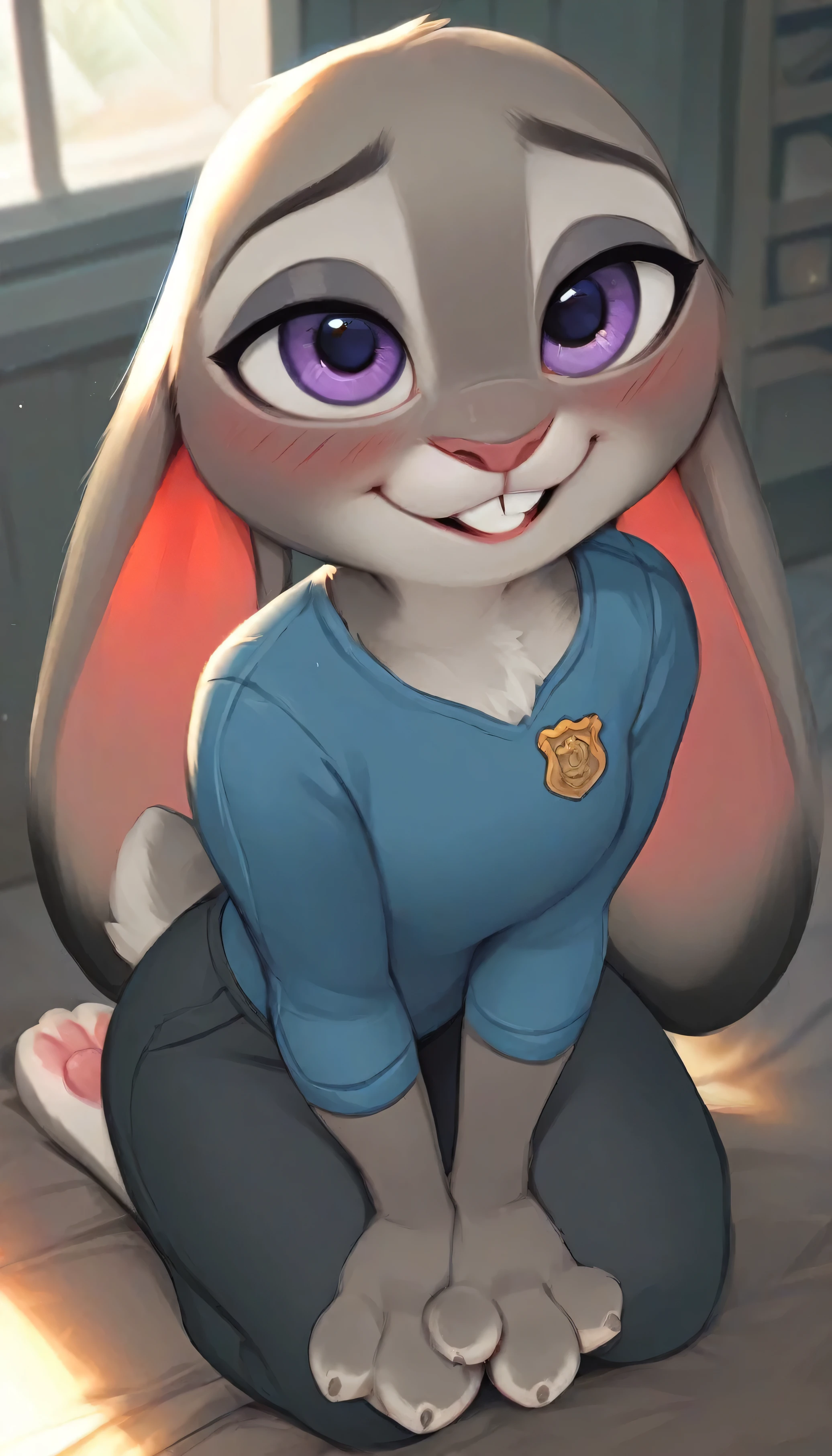 score_9, score_9_up, score_8_up, score_7_up, score_6_up, score_5_up, source furry, anthro, Long exposure photo of Hyperrealistic art anthro, judy hopps, detailed two tone grey fur body with white chest, grey lagomorph feminine beautiful face, fully in view, kneeling, solo, fully clothed, nsfw, buckteeth, smiling, blushing, birds eye view shot, indoors in bedroom with romantic lighting, animal feet with pawpads, 