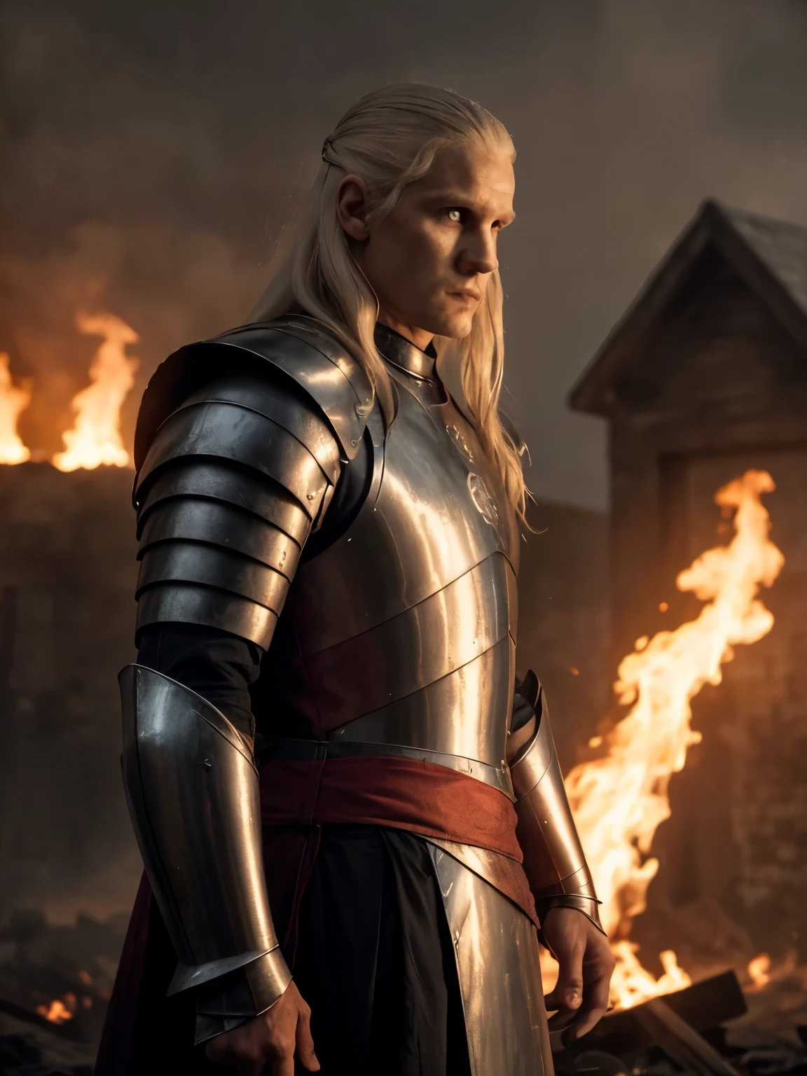 Cinematic portrait of Daemon Targaryen in imposing pose, long silver hair, wavy, violet eyes, penetrating, masculine, tall, broad shoulders, imposing build, pale skin, ((wearing a red dagon armor)) with the symbol of the house Targaryen, confident, ambitious, relentless.  Detailed, good quality, masterpiece, cinematic lighting. Flames in background. 