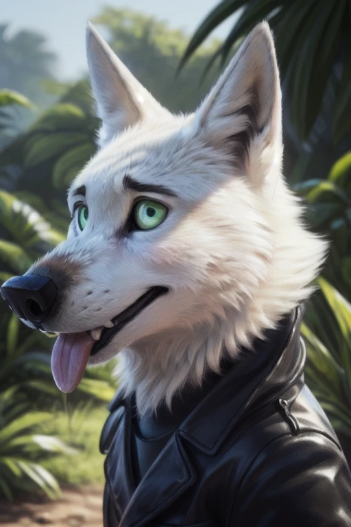 cute cartoon of a (gary \(zootopia\)) wearing a (leather jacket), solo, wolf, white fur, tongue out, completely glowing green eyes with no irises or pupils, walking on all fours, BREAK, jungle background, (intricate, high detail, film photography, soft focus, RAW candid cinema, photorealism, realistic, photorealistic, analog style, subsurface scattering, masterpiece, best quality, ultra realistic, 8k), profile picture