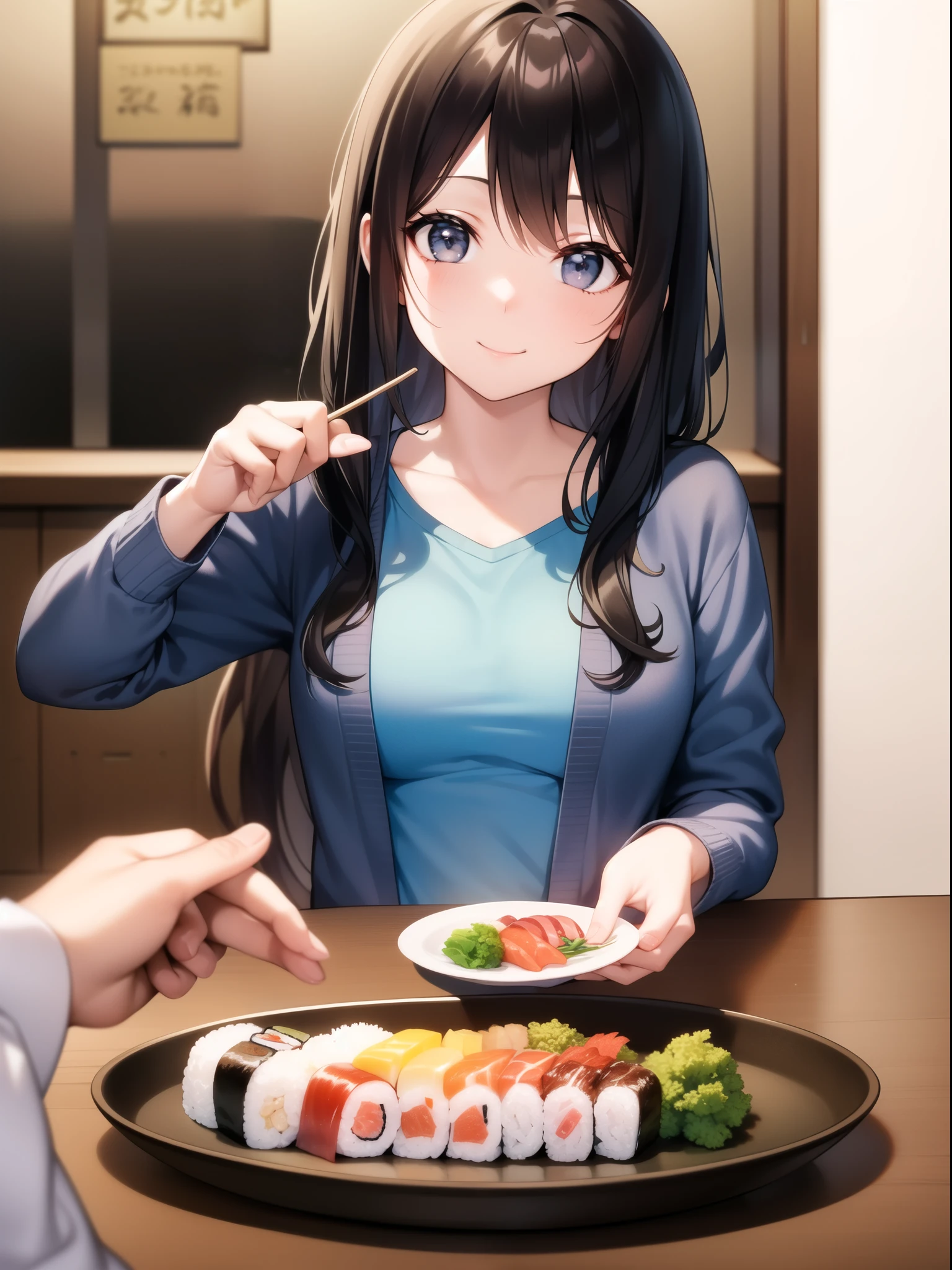A young woman enjoying sushi、Smiling and picking up a sushi roll with chopsticks。She has long black hair、She is wearing a casual grey cardigan and a pale blue top。In front of you、There is a plate with colorful sushi lined up.、She is looking at me with a happy expression。The background is blurry.、The focus is on her face and the sushi。The scene has a friendly and relaxed atmosphere.。