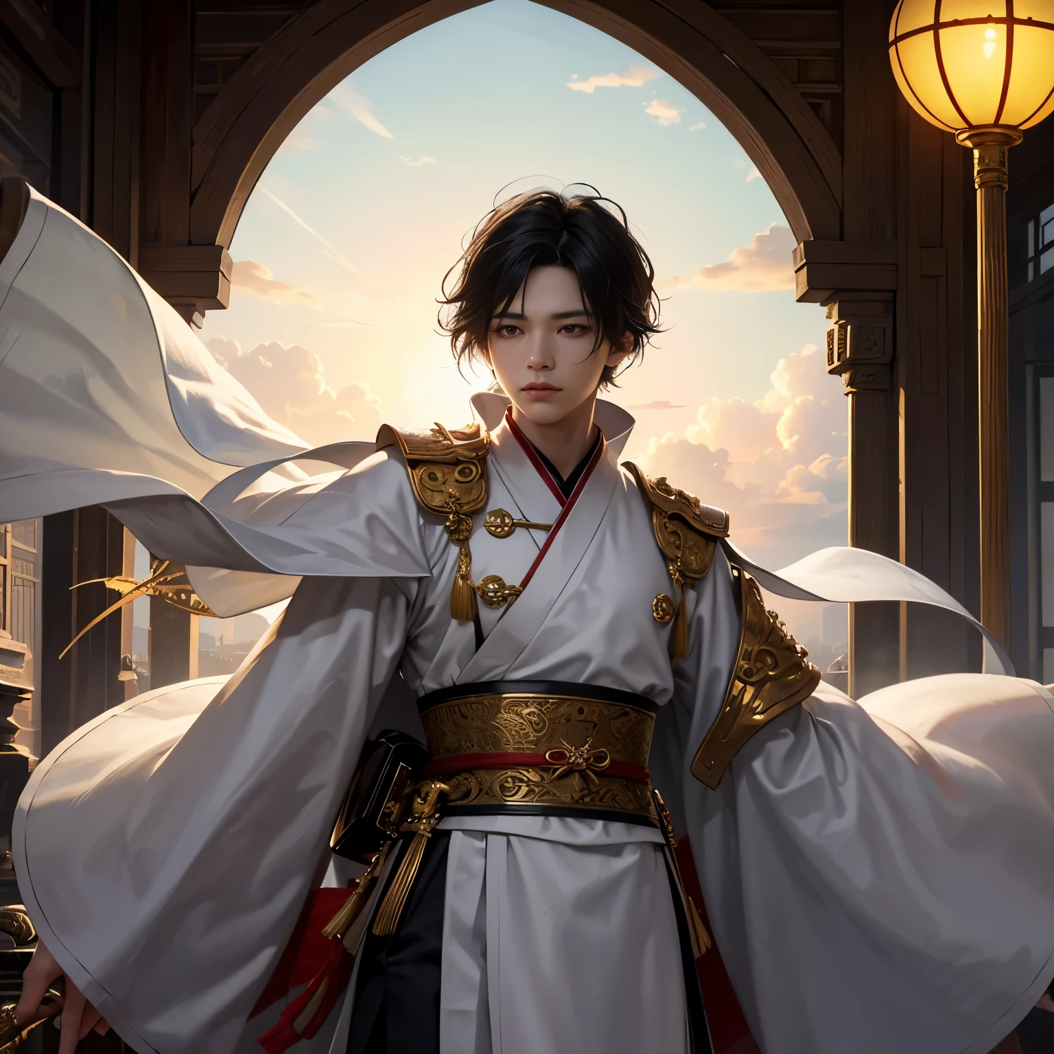 (Absurd, A high resolution, Ultra detailed), Masterpiece, Best quality, Realistic light and shadow, Solo, A boy with black hair, (Children),White Hanfu, Handsome, Short hair,Slender eyes, Detailed face, Delicate eyes, Behind the Chinese dragon, Dreamy clouds, Facing the camera, Ancient, Chinese style background, Auspicious clouds, breaking, Black eyes,