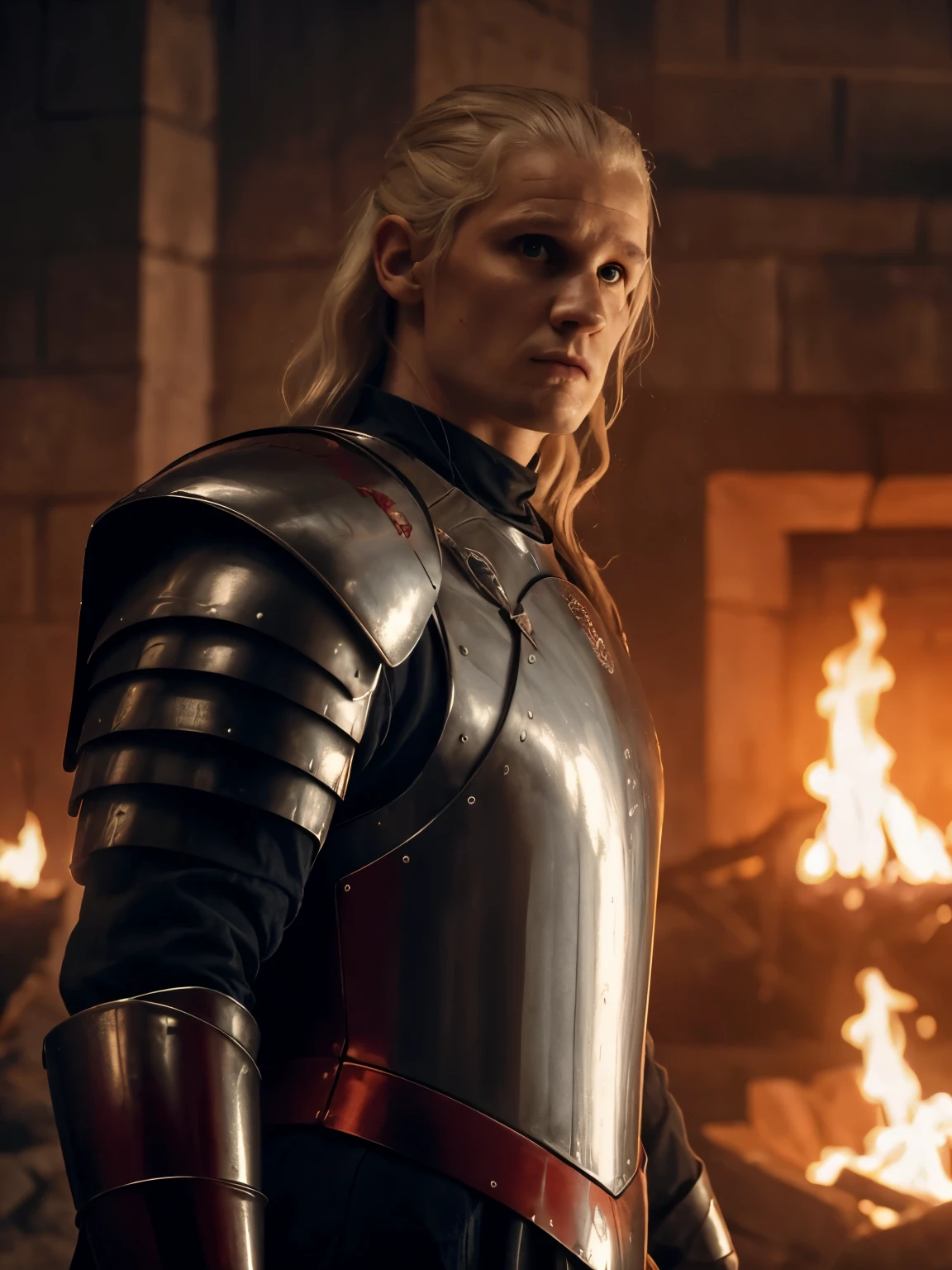 Cinematic portrait of Daemon Targaryen in imposing pose, long silver hair, wavy, violet eyes, penetrating, masculine, tall, broad shoulders, imposing build, pale skin, ((wearing a Red armor)) with the symbol of the house Targaryen, confident, ambitious, relentless.  Detailed, good quality, masterpiece, cinematic lighting. Flames in background. Cinematic Lighting.