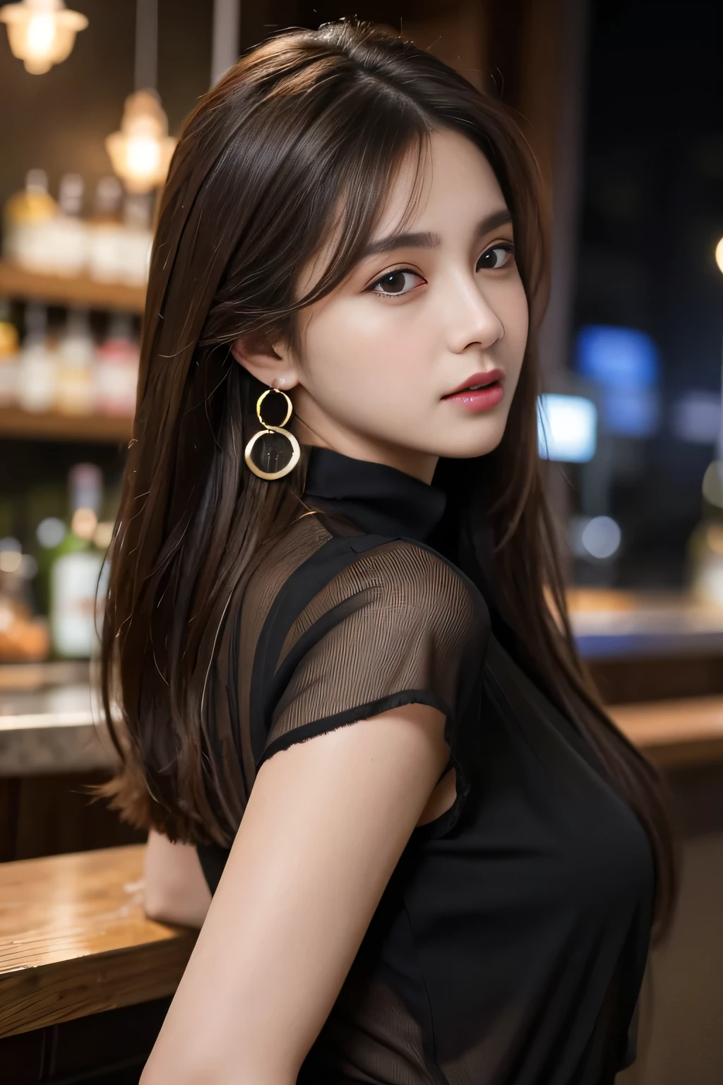 masterpiece, highest quality, Realistic, Very detailed, Finer details, High resolution, 8k wallpaper, One beautiful woman, Wear a black see-through shirt, Great bar counter, At night, Light brown messy hair, Perfect dynamic composition, Beautiful and beautiful eyes、Big earrings、Back view