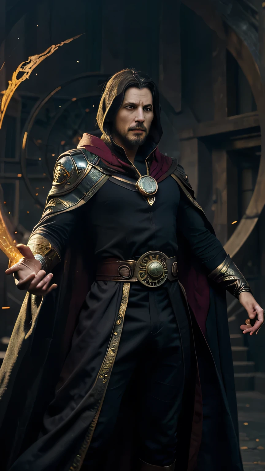 Obra de arte, muy detallado, Maximum quality, 8K, foto realista. Merge the iconic looks of Doctor Strange and Doctor Fate MCU & DCU into a single, awe-inspiring figure. Cloak of Levitation and Cloak of Destiny: A swirling vortex of crimson and gold, shimmering with arcane energy. Eye of Agamotto and Helm of Nabu: The Eye of Agamotto rests on his brow, while the Helm of Nabu adorns his head. Strange's Amulet and Fate's Amulet: Both amulets hang around his neck, amplifying his magical abilities. Athletic build with an imposing stature.
Eyes glowing with otherworldly energy.
Mystical rings adorn his hands.
Presence stirs the air with arcane energy.