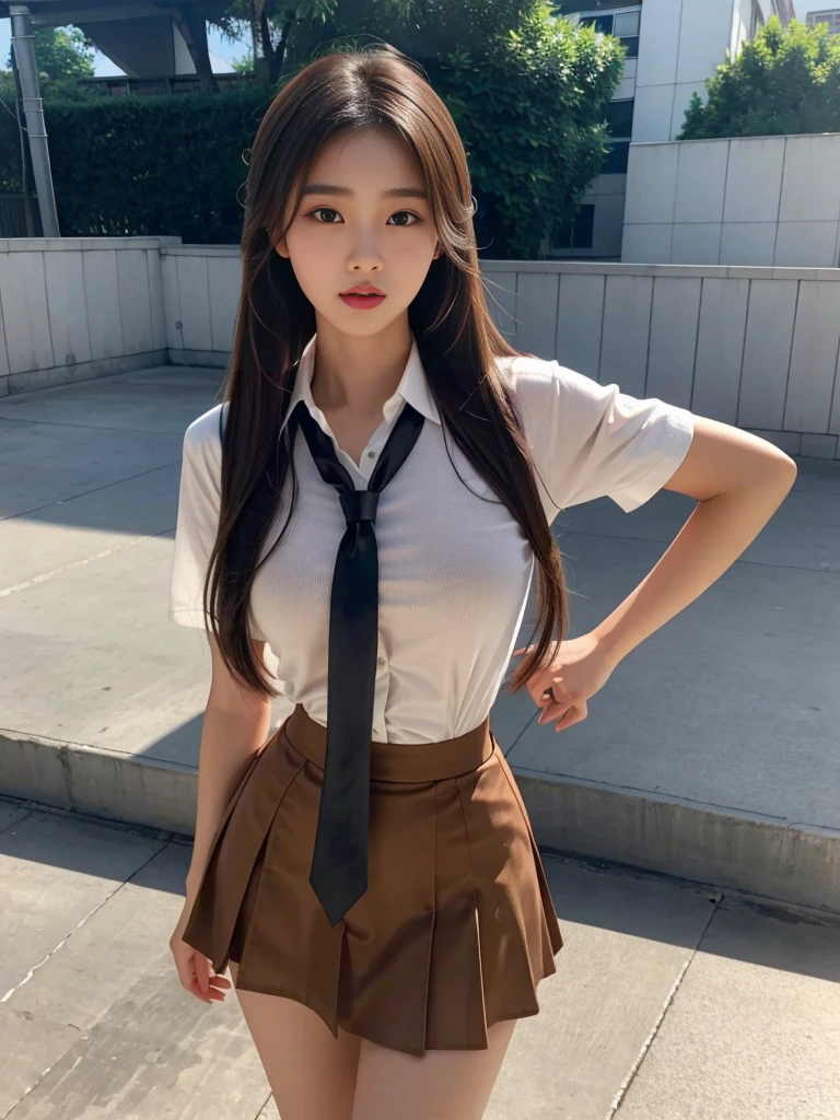 a beautiful 18-year-old korean girl with long light brown hair in a , her shirt is tight and slightly translucent to reveal her large round breasts, she has a slender and curvy figure, her eyes are beautifully detailed with long eyelashes, double eyelids, and an elongated eye shape, she is wearing a ribbon tie and a short skirt, standing on the rooftop of her school with a chest lifting pose, the image is an 8k ultra-detailed, photorealistic, masterpiece portrait.