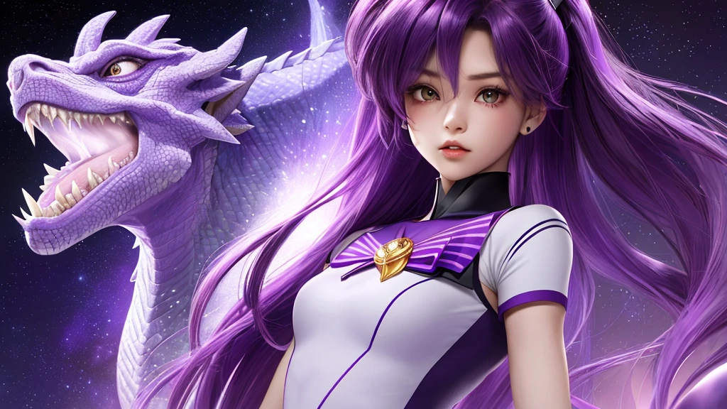 (Extreme complexity, two subjects)(subject 1: cryptic girl (CrptGrl), purple white gradient long hair, indifferent, kind, in her iconic outfit) and her companion Lisa (average Japanese woman, sailor scout outfit (small) looking embarrassed) confront a fire breathing dragon

