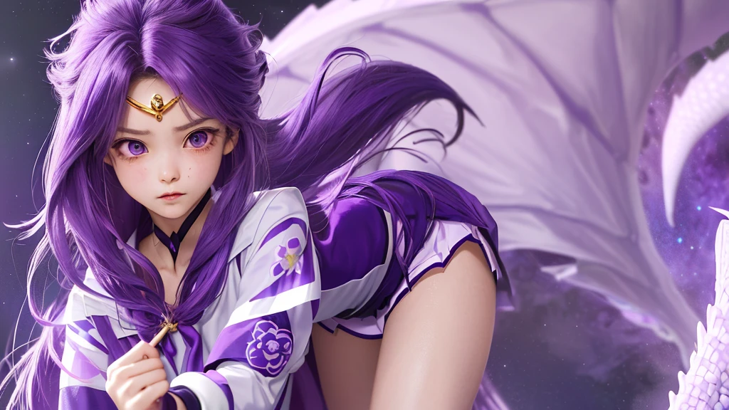 (Extreme complexity, two subjects)(subject 1: cryptic girl (CrptGrl), purple white gradient long hair, indifferent, kind, in her iconic outfit) and her companion Lisa (average Japanese woman, sailor scout outfit (small) looking embarrassed) confront a fire breathing dragon