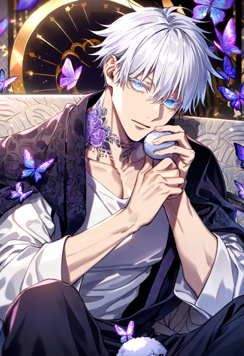 Ultra detailed, Highres, absurdres, HDR, Gojo Satoru, white hair with bangs, expressive blue eyes, hair between the eyes, white eyelashes, black coat with patterns, Jujutsu Kaisen, white shirt, fantasy, glittering purple butterflies, petals, handsome, sexy man, solo, very detailed eyes and face, master piece, toned chest, glittering, purple flowers, sitting, tattoo on his neck, holding a plushie of Gojo Satoru,