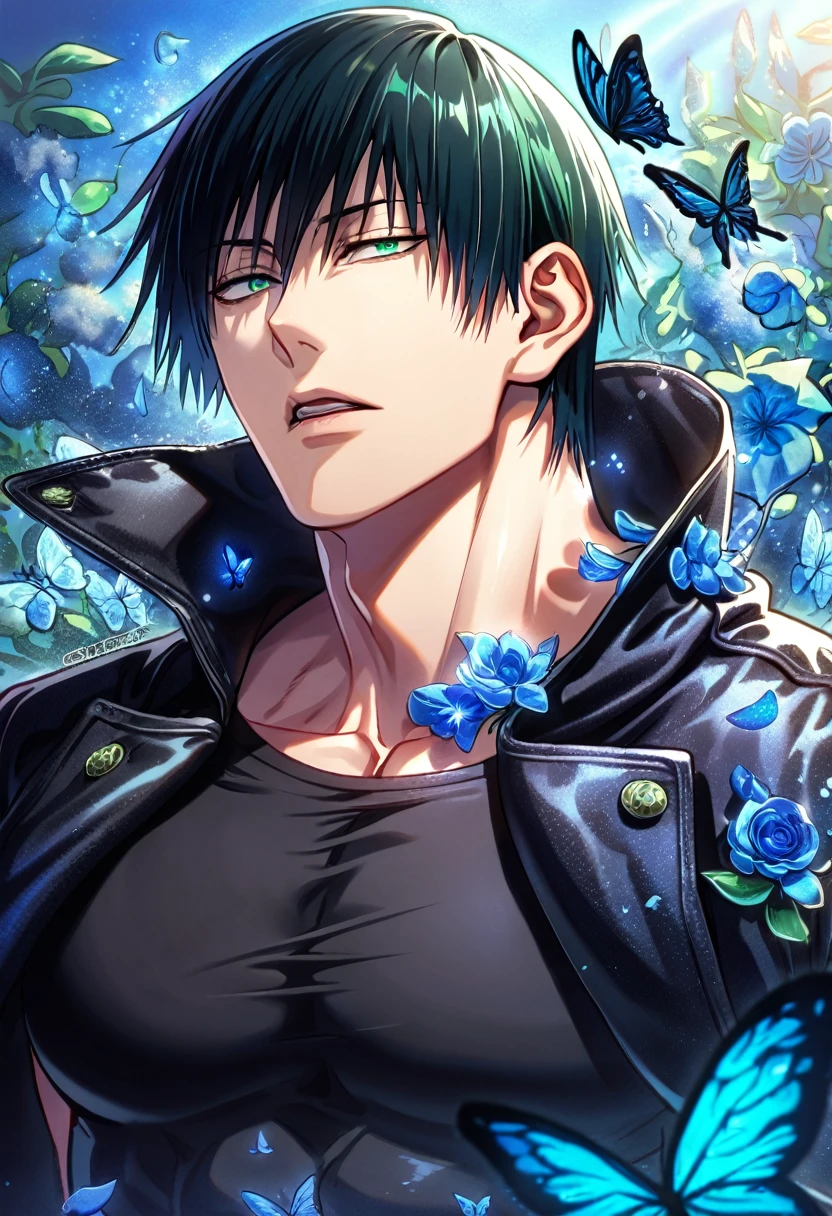 absurdres, highres, ultra detailed, HDR, master piece, best quality, Fushiguro Touji, black straight hair, expressive green eyes, Jujutsu Kaisen, solo, sexy man, handsome, toned chest, black leather coat, black tight shirt, blue butterflies, blue petals, blue flowers, magical, fantasy, blue background