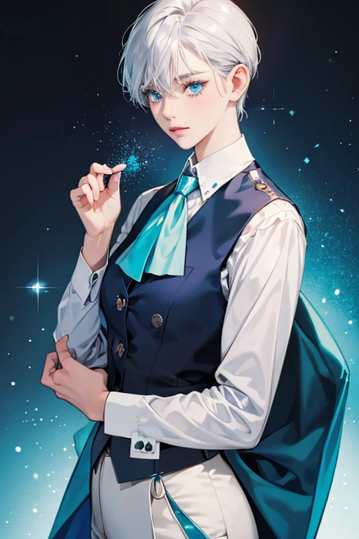 Granite's human form has white skin, silver hair, and blue eyes. she wears a teal buttoned waistcoat with a dark blue trimmed collar line and a light blue ascot on her neck. she also wears a white shirt under her waistcoat and dark blue formal pants. SPARKLE; GLITTER