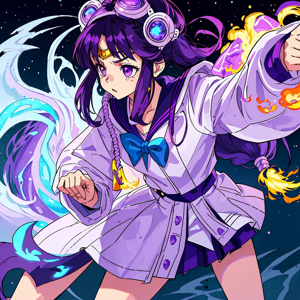 (Extreme complexity, two subjects)(subject 1: cryptic girl (CrptGrl), purple white gradient long hair, indifferent, kind, in her iconic outfit) and her companion Lisa (average Japanese woman, sailor scout outfit (small) looking embarrassed) confront a fire breathing dragon
