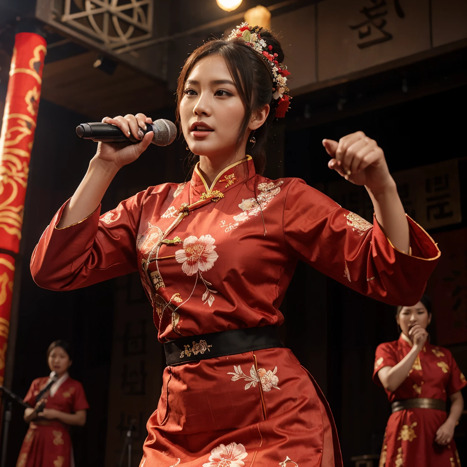 realistic photo of a female singer wearing traditional Chinese clothing with red floral motifs holding a microphone