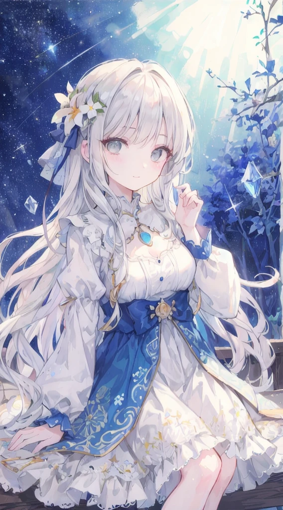 (masterpiece), (best quality), ((1girl)), amazing, beautiful detailed eyes, finely detail, depth of field, original, (((best quality))), ((ultra-detailed)), (best illustration),(best illumination, best shadow), ((an extremely delicate and beautiful)), extremely detailed wallpaper, dreamy background, lens flare, [((Delicate arms and hands), ):✋:20], [[:✋,:0.5]::0.8], magical, from front, landscape, (((cowboy shot))), ((())), young girl, payot, (((white long hair))), (((grey eyes))), on beautiful detailed eyes, medium breasts, ((cobalt long dress with decorative patterns)), puffy long sleeves, crystal hair_ornaments, necklace, beautiful_detailed_sky, summer, day, sun, stars, light, glowing, light makeup, sitting, pencil, smirk, starlight, ruby decoration, background, forest, lake
