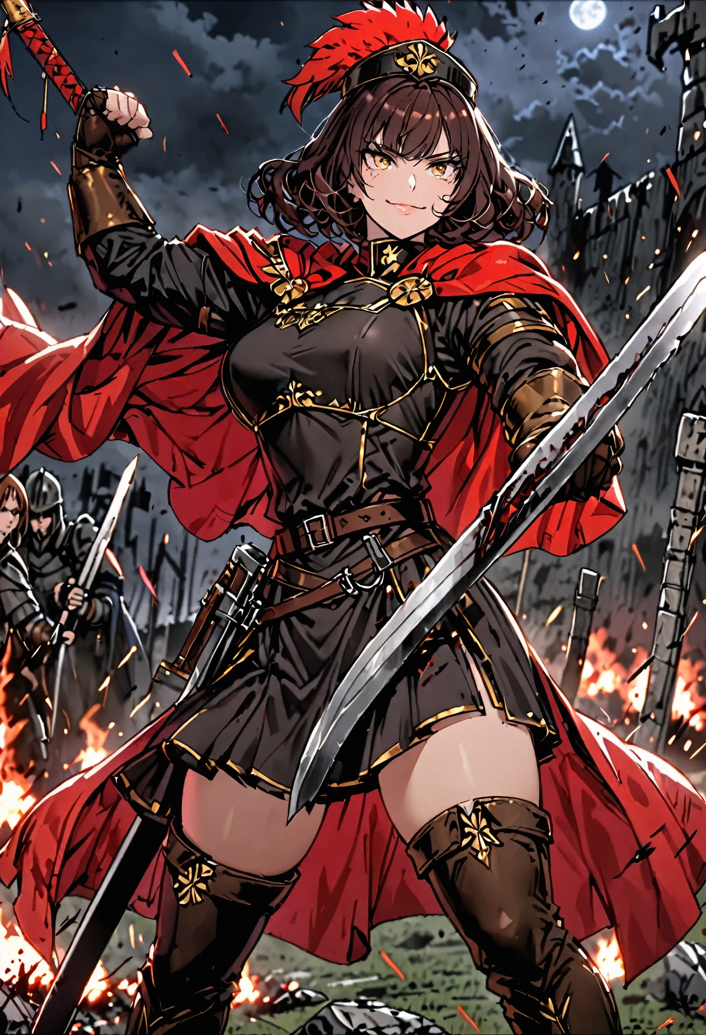 Solo, female, sfw, medium shot, short hair, curly hair, dark auburn hair, extremely tall, large woman, golden eyes, black military uniform, red cape, thigh boots, smile, blood, battlefield, military hat, plume, muscular, leather gloves, action pose, roman skirt, armor:0.3, night, medieval, strong thighs, fist