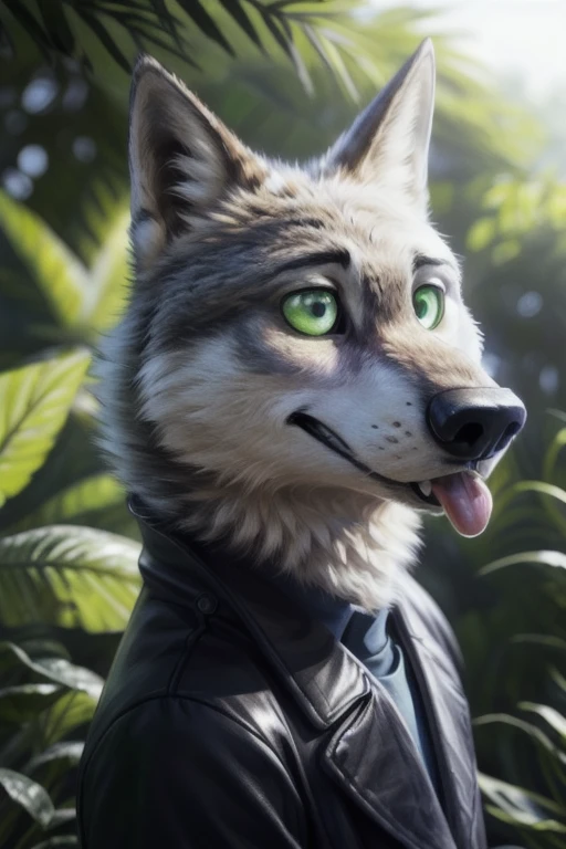 cute cartoon of a (gary \(zootopia\)) wearing a (leather jacket), solo, wolf, white fur, tongue out, completely glowing green eyes with no irises or pupils, BREAK, jungle background, (intricate, high detail, film photography, soft focus, RAW candid cinema, photorealism, realistic, photorealistic, analog style, subsurface scattering, masterpiece, best quality, ultra realistic, 8k), profile picture, full body image