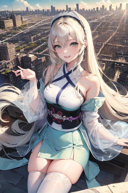 Official Art, masterpiece, Clear focus, (beautiful, Beautiful and cute Korean woman:1.3), (Beautiful and cute Korean:1.3), Korean beauty, 精致beautiful头发、Eyes and face, actual, Super detailed, beautiful女孩, Blue sky, Glowing white particles, (Side Light:1.2), Sunlight, White Cloud, Detailed clouds, Slim, Such a cute big ass, Smile with teeth bared, ((Smile with your eyes, Open your eyes)), landscape, Long straight hair, sexy facial expression, architecture, (city View:1.7), Dynamic Hair, very Long straight hair, Delicate platinum-blonde hair, Green Eyes, Black skirt, , Pale skin, Hair accessories, epic landscape,，White high heels，Nice ass，beautiful buttocks，There&#39;s nothing under the skirt.，weight loss